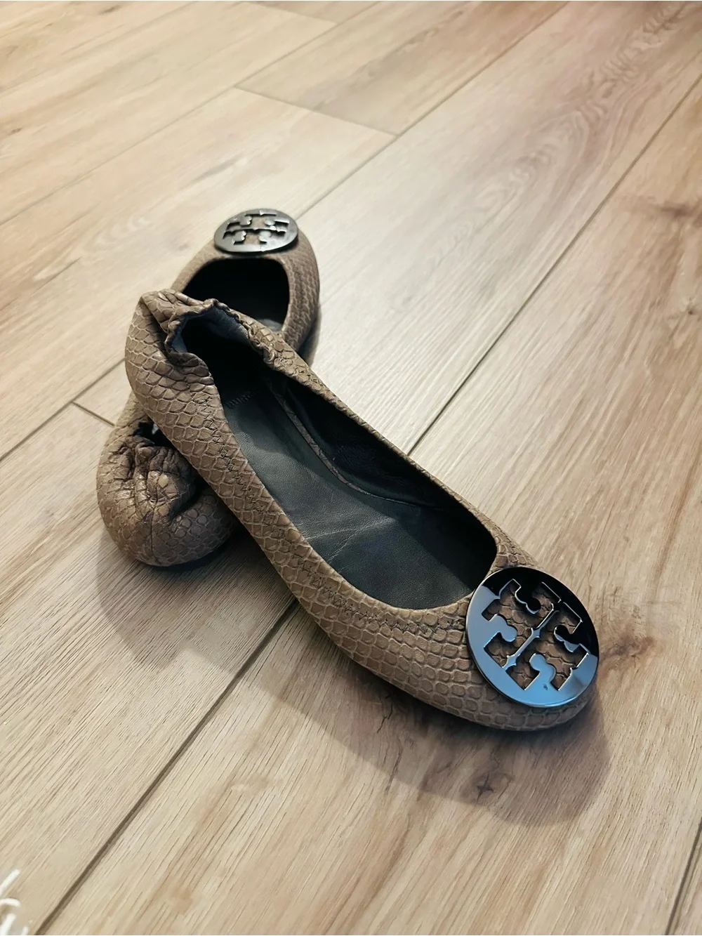 Tory Burch Taupe Snake-Embossed Logo Ballet Flats